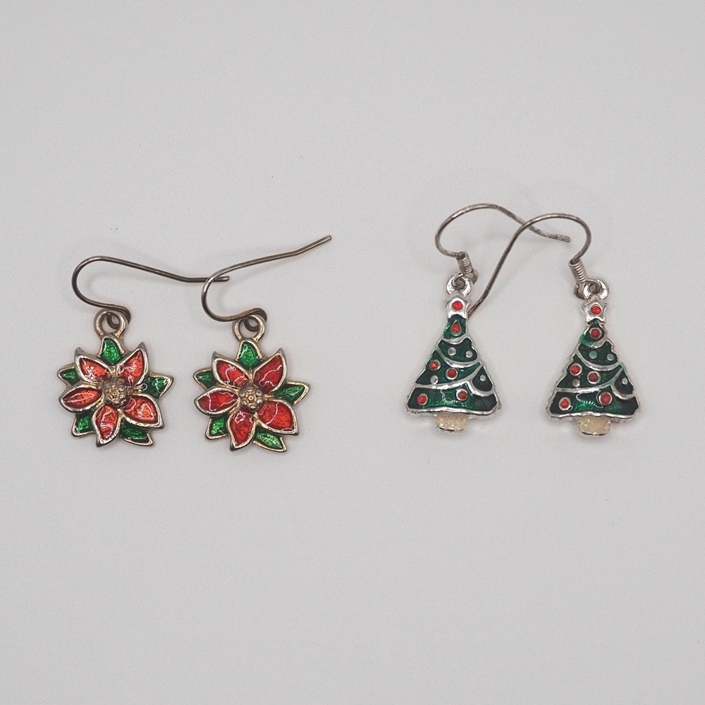 Vintage Holiday Earrings Enamel Poinsettia Christmas Tree Silver Tone Dangle Lot